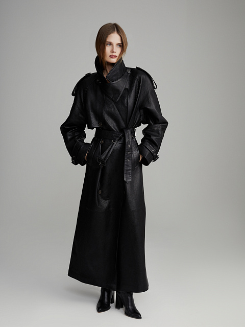 Black Textured Leather Trench Coat, 16