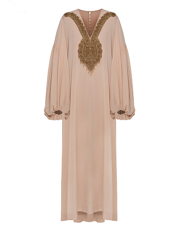 Beige silk suit, embroidered tunic, elasticated joggers, 1