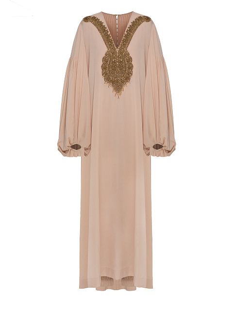Beige silk suit, embroidered tunic, elasticated joggers, 1