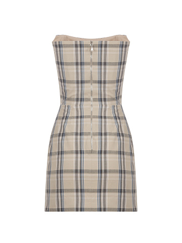 Beige Checked Cotton Strapless Mini Dress, 2