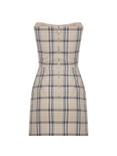 Beige Checked Cotton Strapless Mini Dress, 2