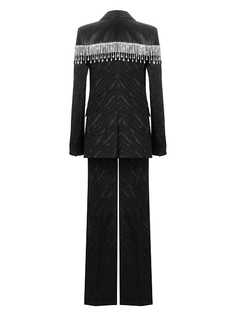 Black Jacquard & Leather Crystal Fringe Trimmed Suit, 3