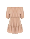 Платье-мини из бежевого хлопка, открытые плечи, пышный рукав 3/4, юбка с воланом