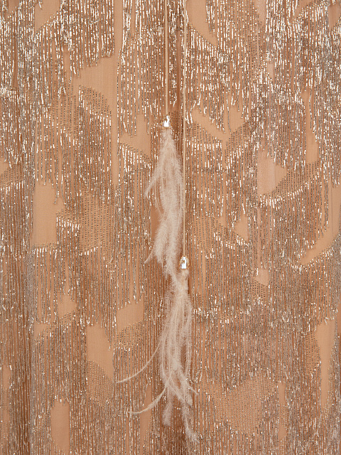 Beige Silk Dress With Sequins & Feathers, 5