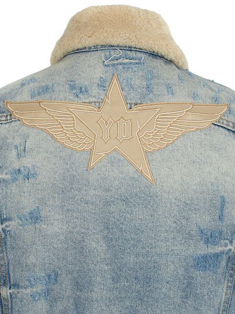 Light Blue Distressed Denim & Shearling Jacket, 4