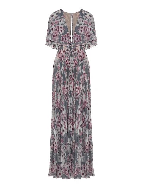 Gray chiffon maxi dress with floral print, 1