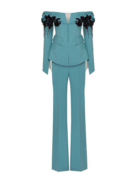 Light Blue Embroidered Pant Suit, 4