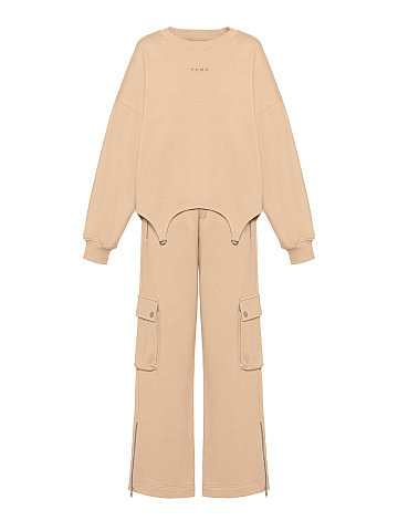 Beige Jersey Cargo Pants Suit, 1