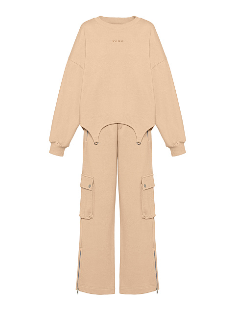 Beige Jersey Cargo Pants Suit, 1
