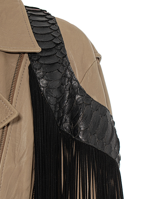 Brown Fringed & Embroidered Leather Biker Jacket, 4