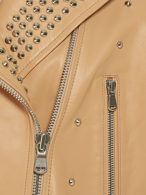 Beige Studded Leather Biker Jacket, 4
