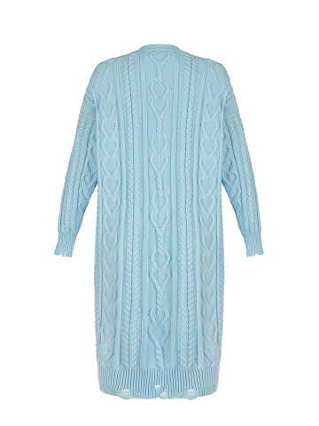 Blue Cotton Cable Knit Distressed Long Cardigan, 2