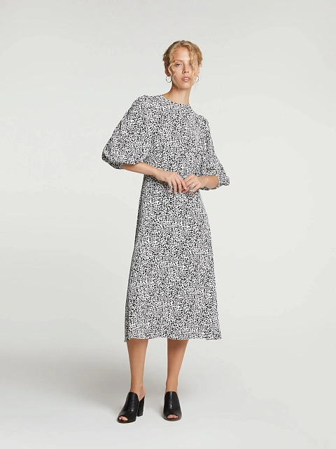 White & Black Printed Lantern Sleeve Midi Dress, 4