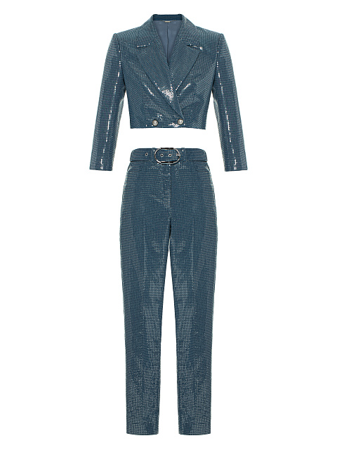 Blue Sequin Denim Pant Suit, 1