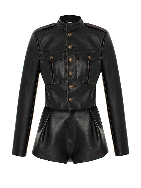 Black Leather Jacket & Shorts Set, 1