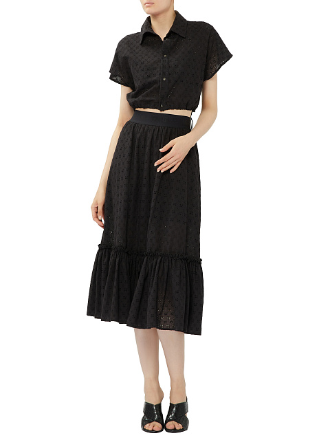 Black Cotton Lace Set Of Bra & Cropped Shirt, 6