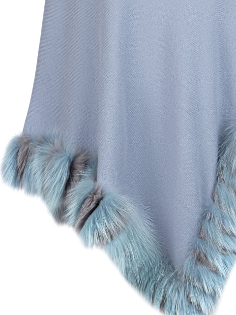 Blue Cashmere Poncho With Fox Fur, 3