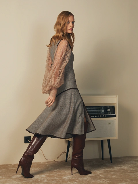Brown Wool Vest & Midi Skirt Set, 7