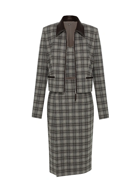 Grey Check Wool Midi Skirt Set, 1