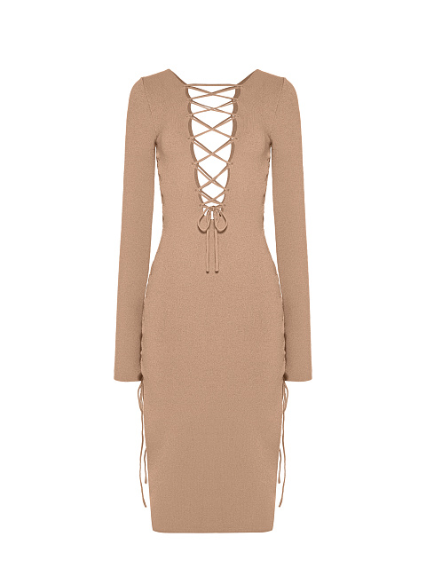 Beige Lace Up Jersey Midi Dress, 2