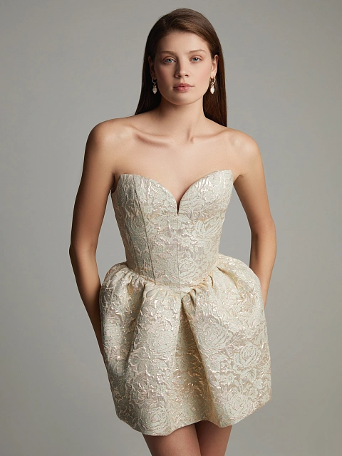 Beige & Gold Pattern Brocade Mini Dress, 7