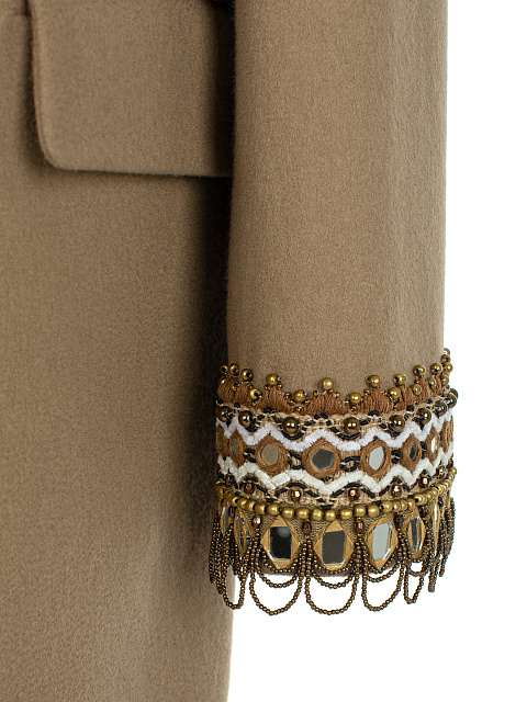 Beige Double-Breasted Embroidered Wool Coat, 4