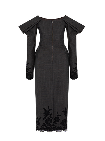 Dark Grey Lace Trim Wool Midi Dress, 2
