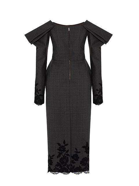 Dark Grey Lace Trim Wool Midi Dress, 2