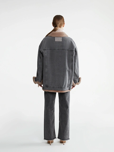 Grey Denim & Brown Shearling Oversized Jacket, 5