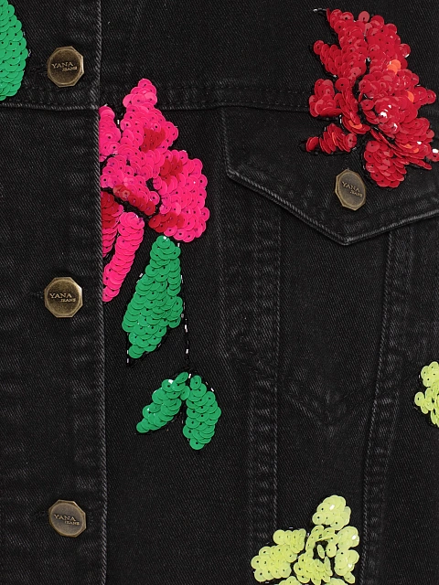 Black cropped denim jacket with raw hem and floral embroidery, 3