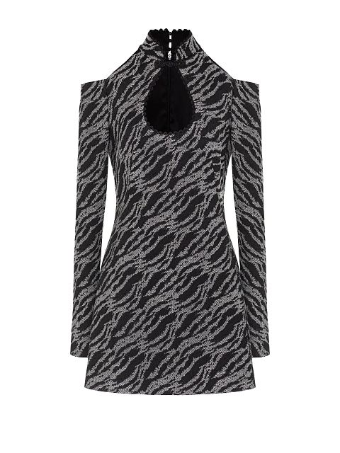 Black Open Shoulders Jacquard Mini Dress, 1