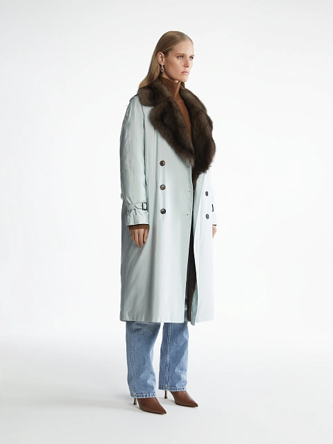 Barguzin Sable Lined Light Blue Trench Coat, 4