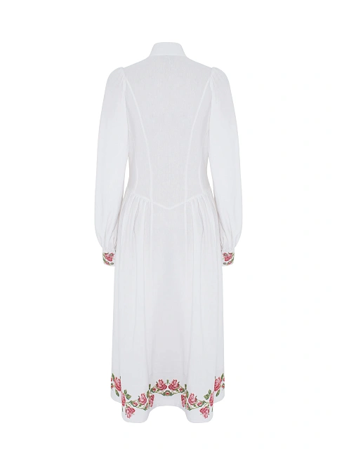White Floral Embroidery Linen Midi Dress, 2
