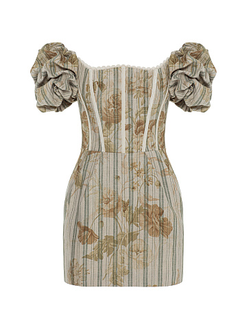Beige linen mini dress with floral print, 1