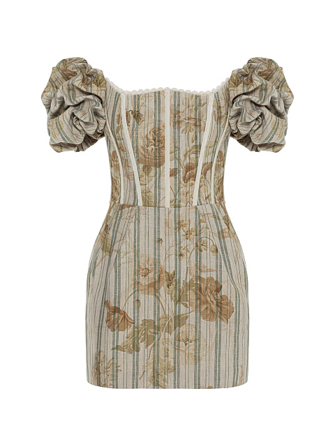 Beige linen mini dress with floral print, 1