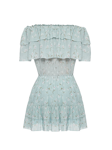 Light Blue Flower Printed Off Shoulder Mini Dress, 2