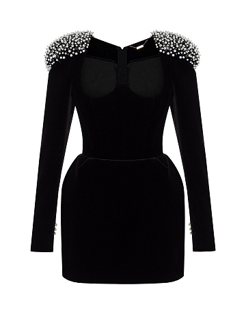 Black Pearls & Rhinestones Velvet Mini Dress, 1