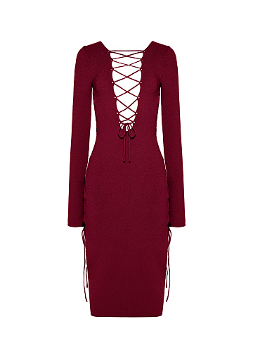 Bordeaux Lace Up Jersey Midi Dress, 1