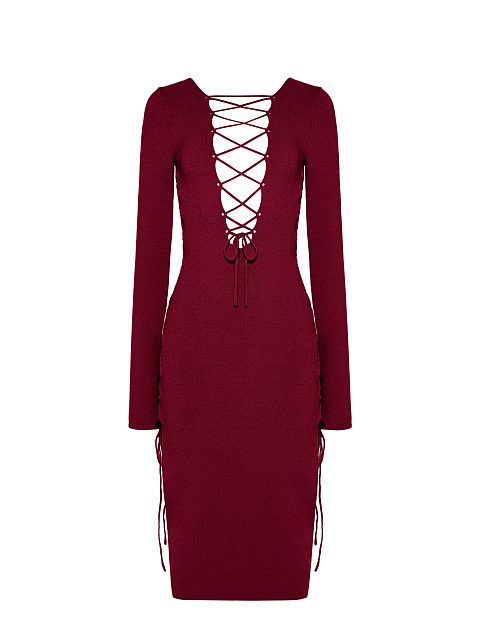 Bordeaux Lace Up Jersey Midi Dress, 1