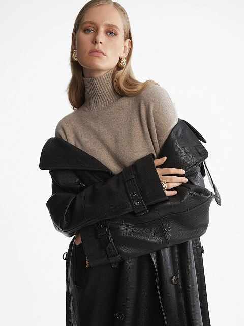 Black Textured Leather Trench Coat, 12