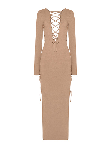 Beige Lace Up Jersey Maxi Dress, 2