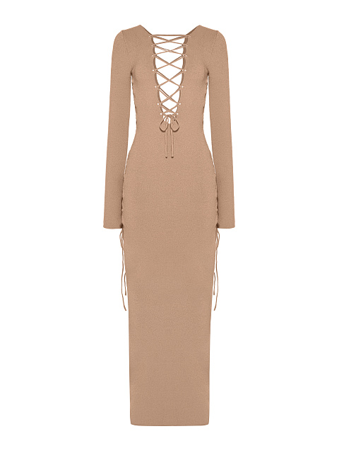 Beige Lace Up Jersey Maxi Dress, 2