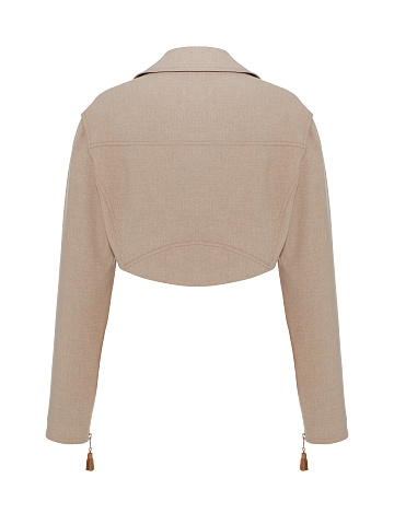 Beige Cropped Linen Biker Jacket, 2