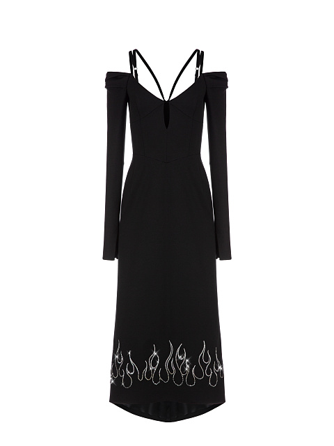 Black Rayon Rhinestones Midi Dress, 1