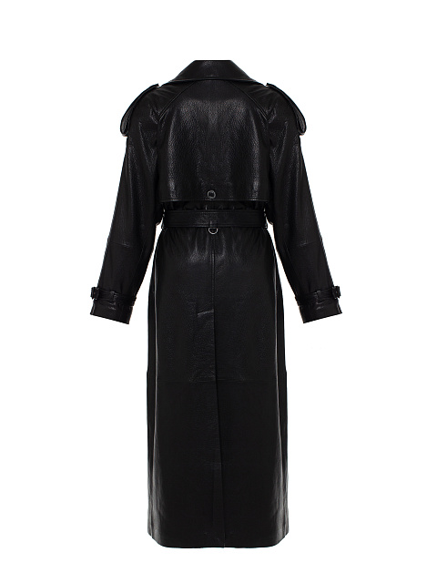 Black Textured Leather Trench Coat, 8