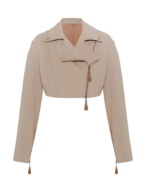 Beige Cropped Linen Biker Jacket, 1