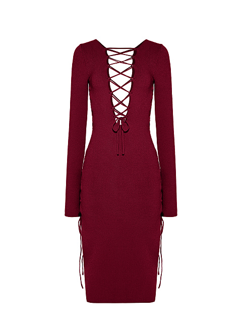Bordeaux Lace Up Jersey Midi Dress, 2