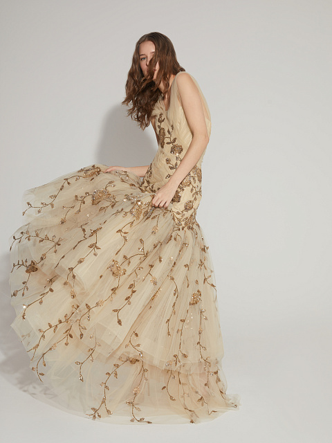 Beige Asymmetric Embroidered Mesh Maxi Dress, 5