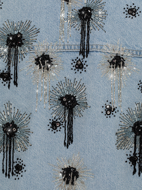 Light blue denim jacket with black and white beaded embroidery, 4