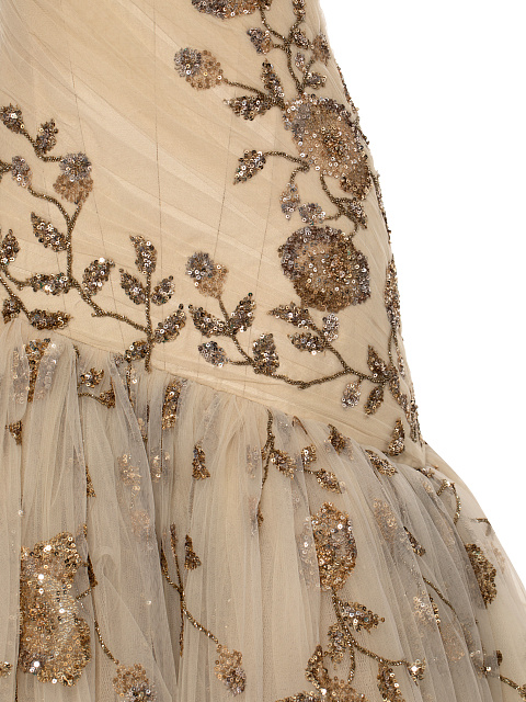 Beige Asymmetric Embroidered Mesh Maxi Dress, 4